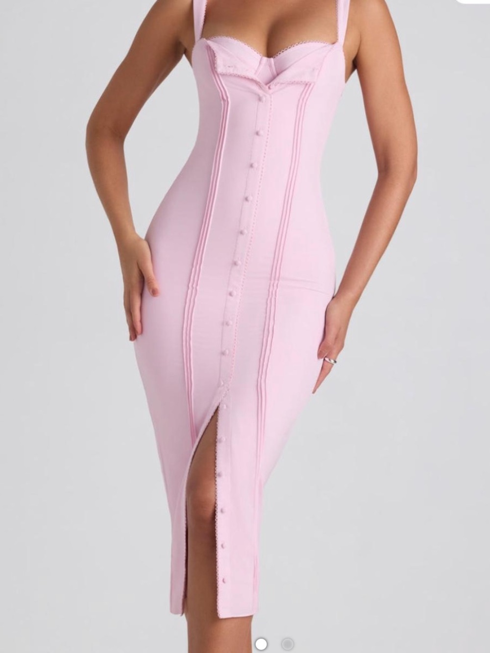 Oh Polly Pink Bodycon Midi Dress with Front Button Slit